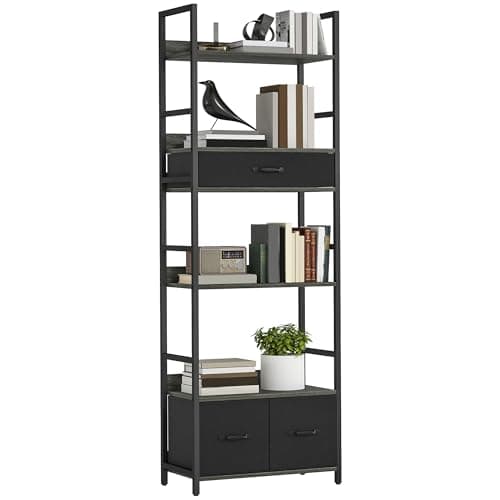 Image of HOMCOM 6-Tier Industrial Bookcase, Tall Bookshelf with 4 Shelves and 3 Fabric Drawers, Wide Storage Rack, Shelving Unit, Plant Stand for Living Room Home Office Bedroom, 60 x 30 x 176 cm, Grey