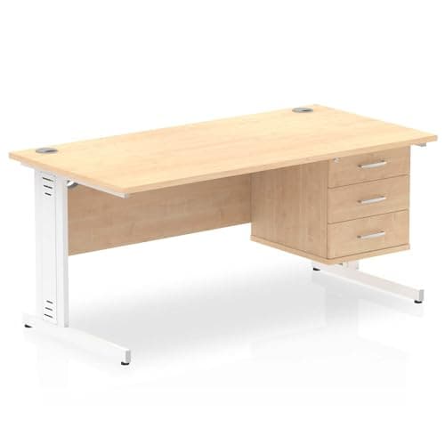 Image of OPO Impulse Freestanding 1600mm Cable Managed Rectangular Table with Fixed Pedestal | Sturdy Build Weather & Heat Resistant Melamine Finish Meeting Table Maple White 3 Drawer
