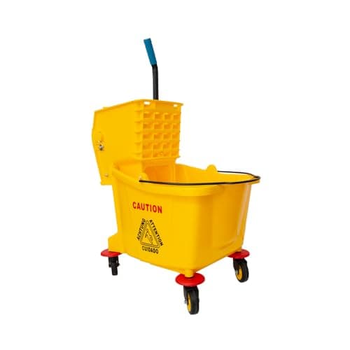Image of Berry Compact Commercial Mop Bucket with Wet Floor Sign | Kentucky Mop Bucket on Wheels - 32L | Yellow Cleaning Trolley with Removable Wringer and Caster Wheels for Restaurants, Schools, Offices