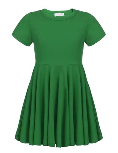 Image of trudge Girls Summer Swing Dress A-line Short-Sleeved Cotton Solid Color Princess T-Shirt Dresses Basic Fattern Skater Dress 12-13 Years Green