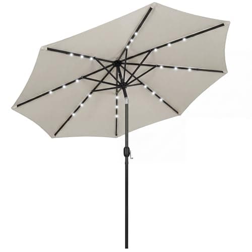 Image of Outsunny 2.6 m Garden Parasol Umbrella with LED Solar Light, Parasol Cover, Outdoor Table Market Patio Umbrella Sun Shade with Tilt and Crank, Vent, Light Grey