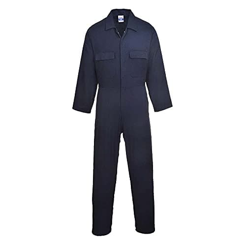 Image of Portwest S998 Mens Euro Work Coverall Cotton Boiler Suit Breathable Medium Weight 260g Concealed Stud Front Elastic Waist Five Pocket Workwear Mechanic Engineer Industrial, Regular, Navy, XL