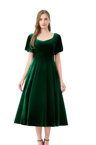 Image of AXOE Women's Velvet Evening Dress A-Line Midi for Autumn Winter Wedding Guest Cocktail Party Prom Green, UK Size 22, 4XL
