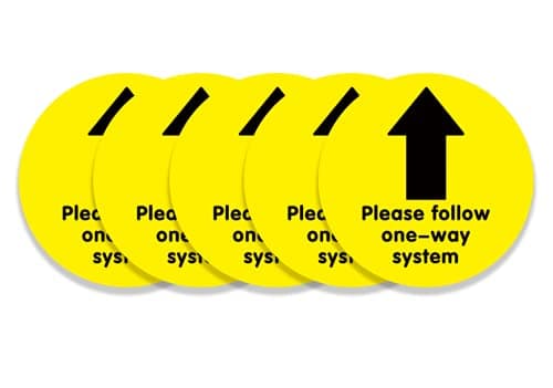 Image of Pack of 5 Yellow One Way System Arrow Floor Sticker Safety Sign, Removable, Anti-Slip, Self-Adhesive - Please Follow One-Way System Social Distancing Sign (220mm x 220mm) (5)