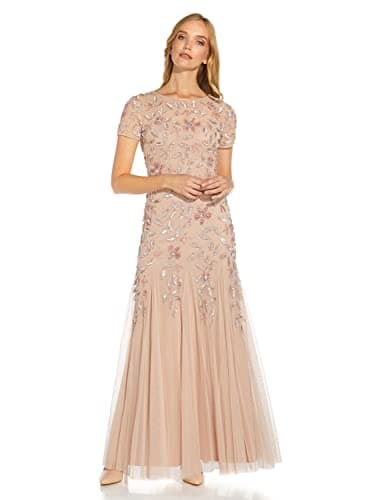 Image of Adrianna Papell Women's Short-Sleeve Floral Beaded Godet Gown Special Occasion Dress, Blush, 24