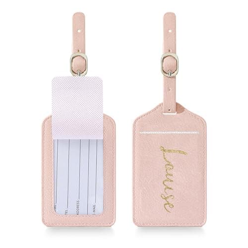 Image of Personalised Luggage Tags Custom Luggage Tags for Suitcases Engraved Leather Suitcase Tags Luggage Tag Personalised Luggage Labels Baggage Tags for Suitcases Backpacks Travel (Pink-1)