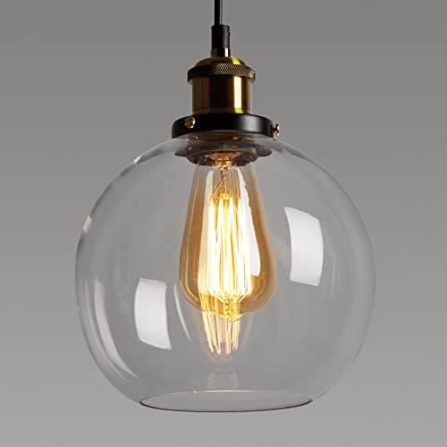 Image of foucasal FORCOSO Vintage Glass Pendant Light, Industrial Ceiling Lights with Clear Ball Glass Light Shade, Adjustable Pendant Lighting for Kitchen Island Dining Room Bedroom (ø20CM)