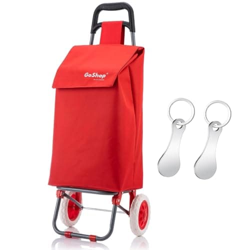 Image of Premium 59Ltr Foldable Shopping Trolley with 2Pcs Stainless Steel Trolley Token, Hard Wearing & Lightweight Trendy Collapsible Push/Pull Cart for Easy Storage with 1 Year Guarantee (Plain Red)