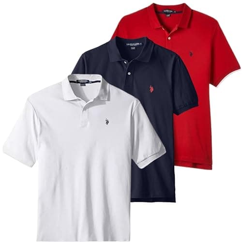 Image of U.S. Polo Assn. Men's Classic Polo Shirt, Two-Button Closure Pique Polo Shirt, Summer Fashion Golf Shirt, Classic Navy/White/Engine Red, Medium