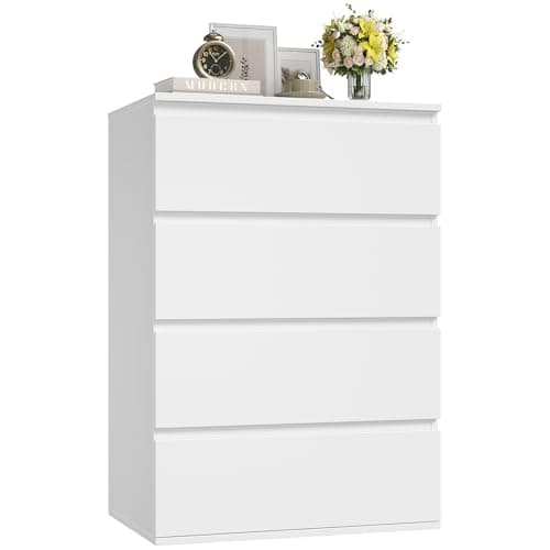 Image of FOREHILL White Chest of Drawers Bedroom Dresser Storage Cabinet with 4 Drawers Wooden Cupboard Bedside Cabinet 60x40x80cm