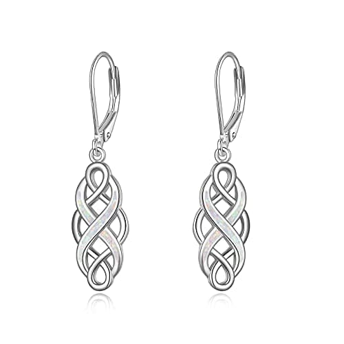 Image of YFN Sterling Silver Celtic Knot Dangle Earrings - Good Luck Irish Vintage Dangles for Women (White Opal Knot Earrings)