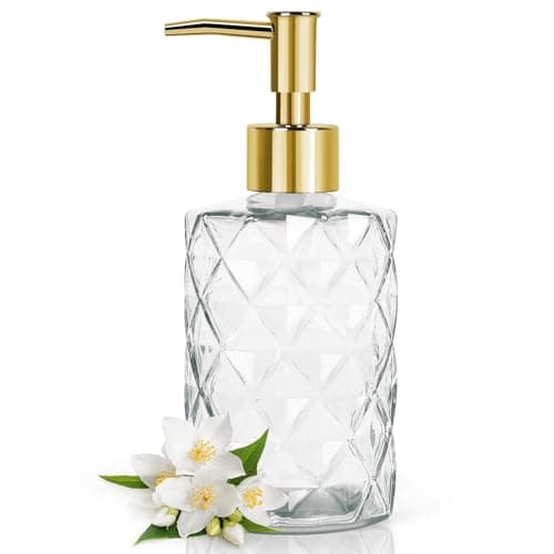 Image of Yiter 330 ml Soap Dispenser, Glass Hand Soap Dispenser with Plastic Pump for Lotion, Hand Wash, Diamond Design Washing Up Liquid Dispenser for Kitchen, Bathroom Decor(1pc/Clear Gold)