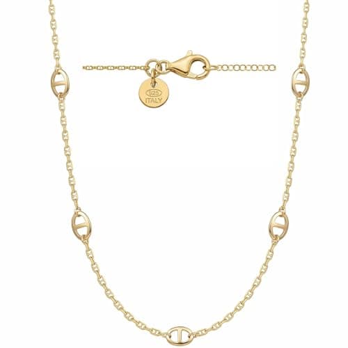 Image of QUADRI Women's Sterling Silver Necklace 925 Gold Plated 18K - Bar and Anchor Chain Handmade in Italy - Length 45 cm / 18 in with 5 cm Extension - Ladies Jewellery