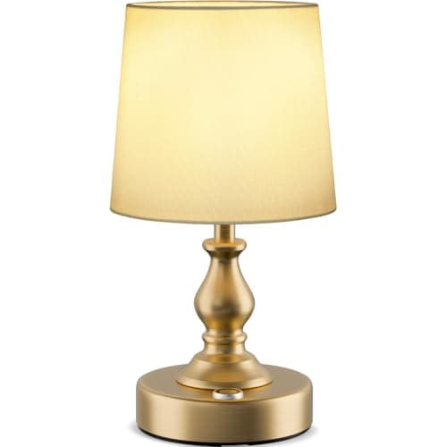 Image of KIBTOY Rechargeable Table Lamp Cordless,Portable and Moveable Touch Lamps,2700K Warm Light Dimmable Small Lamp, Vintage Gold Lamp with Fabric Shade for Living Room,Bedsides,Dining Room