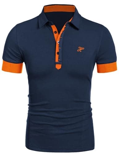 Image of COOFANDY Polo Shirts for Men Adult Cotton Men's Golf Tops Short Sleeve Slim Fit Summer T-Shirt Casual Tops Navy & Orange M