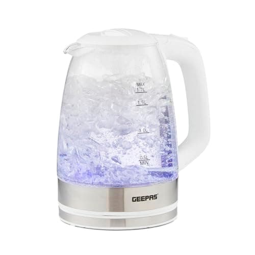 Image of GEEPAS Illuminating Electric Glass Kettle | 1.7L Cordless Jug Kettle with Stainless Steel Heating Element Auto Shut Off Boil-dry Sensor | Safety Locking Lid Cord Storage | 2 Year Warranty 2200W White