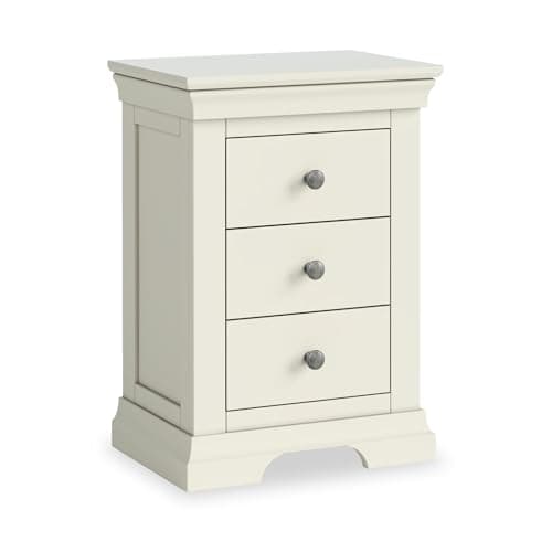 Image of RoselandFurniture Colette Cream Bedside Table Quality 3 Drawer Bedside Cabinet | Traditional Fully Assembled Painted Solid Pine Wooden Side End Nightstand with Plinth for Bedroom or Hallway