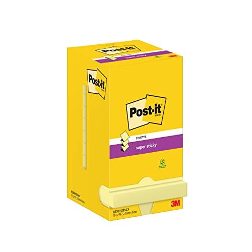 Image of Post-it Super Sticky Z-Notes, 1080 Sheets, Value Pack of 12 Pads, 76 mm x 76 mm - Holds Strong to Many Surfaces - Canary Yellow - for Walls, Monitors and Fridge, Recycable