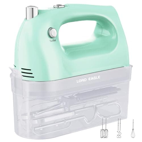 Image of Lord Eagle Hand Mixer Electric Whisk, 400W Power Handheld Mixer for Baking Cake Egg Cream Food Beater, Turbo Boost/Self-Control Speed + 5 Speed + Eject Button + 5 Accessories, Green