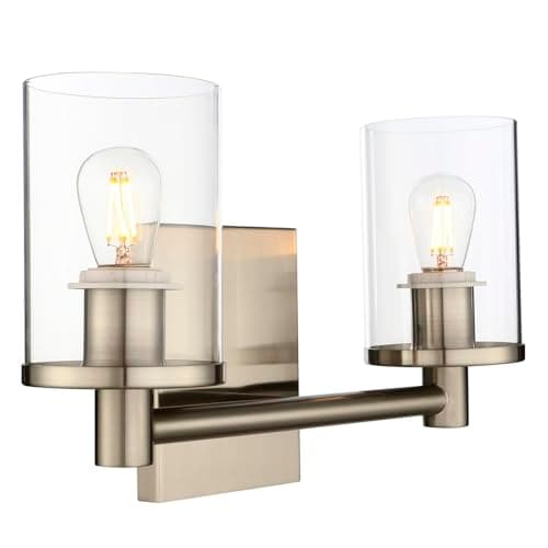 Image of Yosoan 2 Lights Modern Vintage Wall Light, Industrial Vanity Lighting with Glass Lampshade, Double Wall Lamp Indoor Home Lights Fixture, Up Candle Light for Bedroom, Kitchen, Living Room (Brushed)