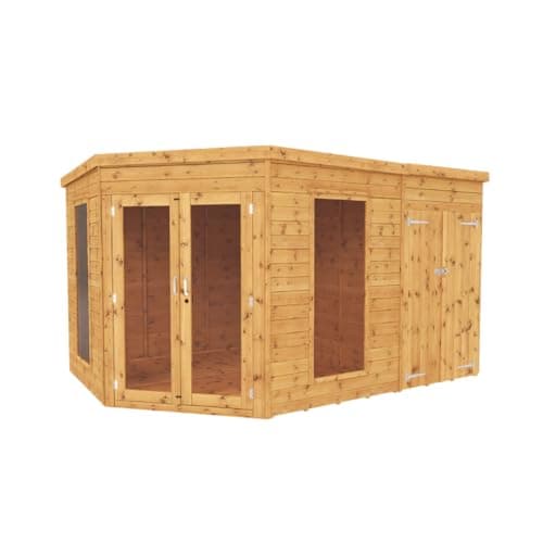 Image of WALTONS | Wooden Corner Summerhouse with Side Shed | Shiplap Tongue & Groove | Garden Room | Flat Roof | Double Door | Outdoor Sun Room | 10 Year Anti Rot Guarantee | (12ft x 8ft)
