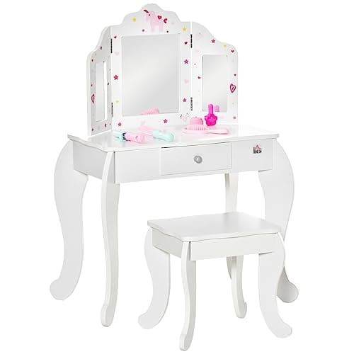 Image of HOMCOM Kids Vanity Table and Chair Set, Girls Vanity Set with Tri-Folding Mirror and Stool, Makeup Dressing Table with Drawer, White