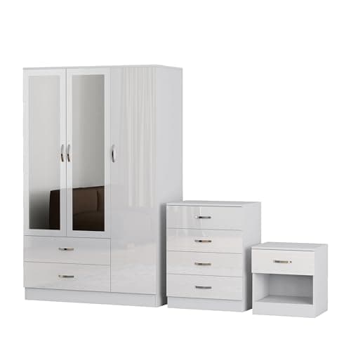 Image of Nera 3 Door Wardrobe Set 3 Piece with Mirror Chest of Drawers Bedside Table for Bedroom Storage (High Gloss White Door(Matt White Carcass))