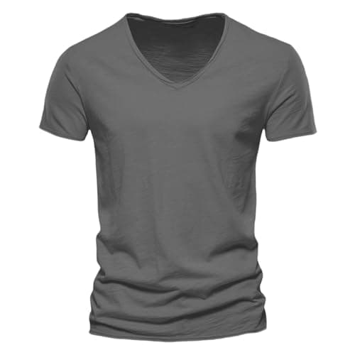 Image of Men's V-Neck T-Shirt Lightweight Tops Comfortable Casual Shirts Short Sleeve Slim Fit Linen Look Bamboo Structure Soft Breathable Sports Shirt Plain Leisure Daily Sports, darkgray, M