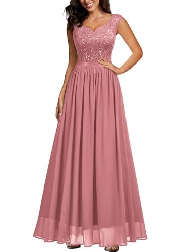 Image of MIUSOL Women's Double V Neck Sequin Lace Chiffon Evening Prom Party Wedding Maxi Dress (XX-Large, Rosiness)
