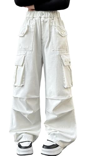 Image of SEAUR Girls Hip Hop Pants Kids Cargo Trousers Baggy Jeans Trousers Loose Streetwear Elastic Waist 13-14 Years White