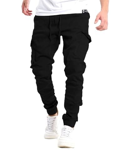 Image of YAOHUOLE Mens Cargo Pants Jogging Tactical Trousers Men Combat Trousers Men Cuffed Cargo Joggers Slim Fit Elasticated Waist Black L