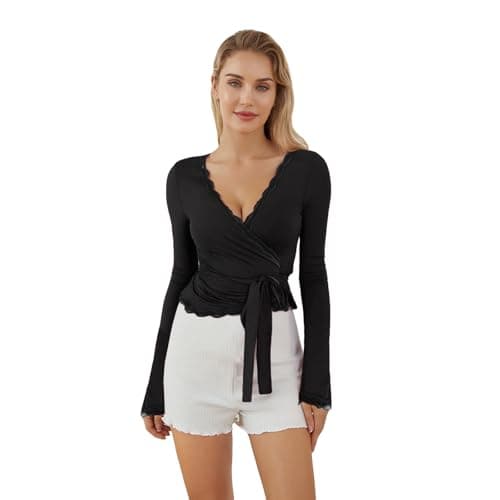 Image of LYSINK Women Cross Wrap Tie Tops Long Deep V Neck Solid Color Slim Fit T-Shirts Yoga Pilates Ballet Workout Tops (01 Black, S)