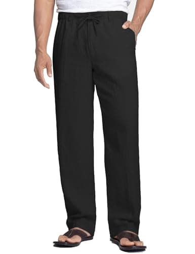Image of COOFANDY Men's Linen Trousers Loose Fit Summer Trousers with Elasticated Waist Linen Pants Beach Drawstring Trouser for Men Yoga Pants Black S