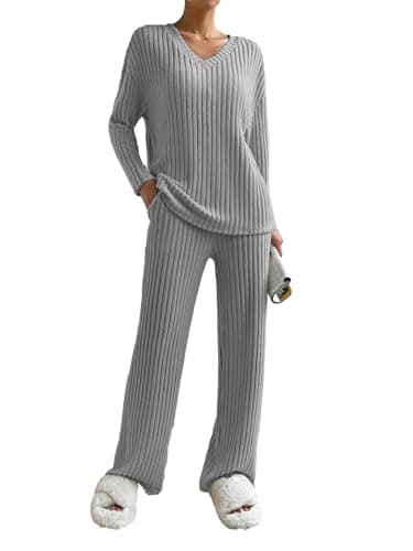 Image of SotRong Wide Leg Ripped Lounge Wear Sets for Women Uk Ladies Leisure Suits Two Piece Outfit Tracksuit Set Long Sleeves V Neck Baggy Pullover Tops Elastic Waist Long Pants Light Grey XL