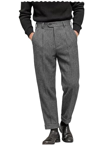 Image of AeoTeokey Men's Suit Pant Herringbone Tweed Dress Vintage Trousers Casual Thick Wool Pleated Front (Grey, 36W x 30L)