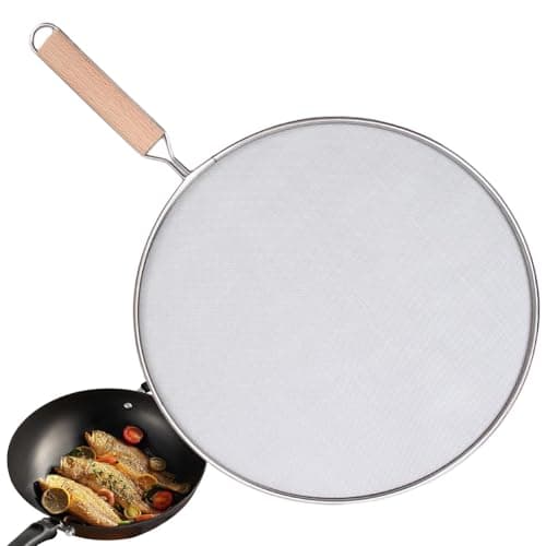 Image of 21 Cm Splatter Screen Guard for Frying Pan Stops 99% of Hot Oil Splash Protects Skin from Cooking Iron Skillet, Stainless Steel Grease Splatter Guard with Wooden Handle, Safe Cooking Lid