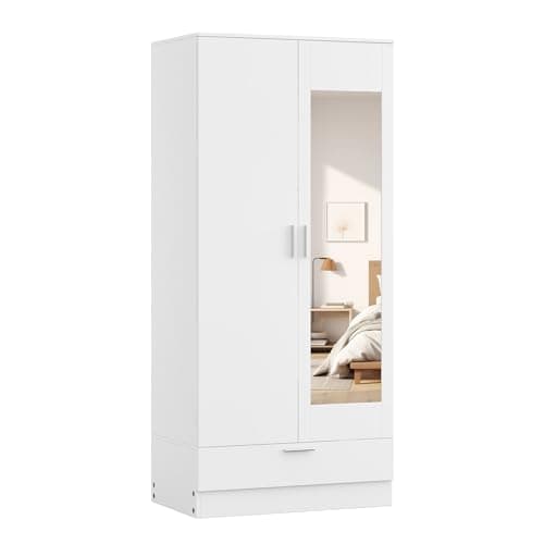 Image of Panana 2 Doors Mirrored Wardrobe with 1 Drawer Storage Cupboard Unit Clothes Closet for Bedroom, 80 x 50 x 183cm (White)