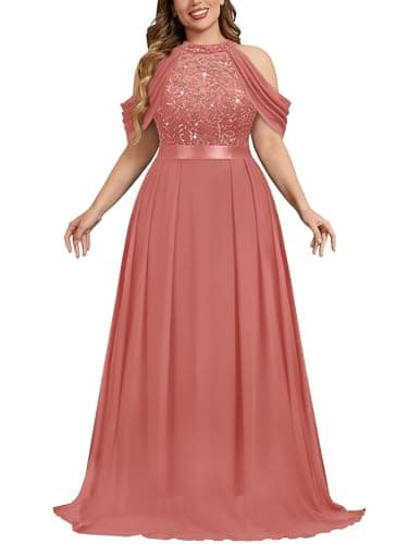 Image of MISSMAY Women's Plus Size Elegant Halter Neck Lace Sequin Chiffon Wedding Guest Evening Maxi Dress (2XL, Cinnamon Pink)