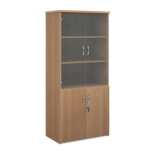 Image of Mr Office Universal combination unit with glass upper doors 1790mm high with 4 shelves, Beech