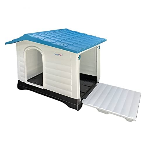 Image of HugglePets Plastic Dog Kennel With Ramp Door - Easy Clean Pet House Outdoor Weatherproof Animal Shelter (Blue Roof)