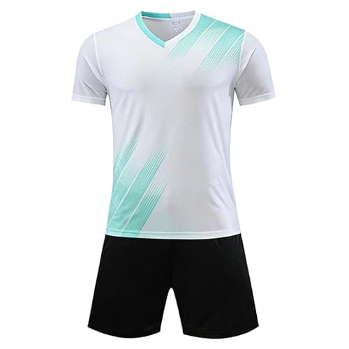 Image of JiaYouLC Kids Football kit Football Jersey for Boys Girls Age 3-12 Breathable Training Shorts and T-shirt Sets Youth Sports Outfit Uniform (White, 9-10 Years/XS)