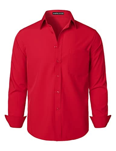 Image of PARKLEES Men's Regular Fit Dress Shirt Solid Wrinkle-Free Long Sleeve Casual Business Button Up Shirts with Pocket PZSSCL05-Flame Red L