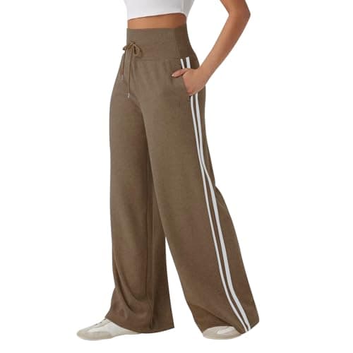 Image of Side Stripes Joggers for Women UK Trousers High Waisted Wide Leg Lounge Pants, Stretchy Drawstring Knit Bottoms with Side Stripes, Joggers for Ladies Elasticated Waist Trousers with Pockets