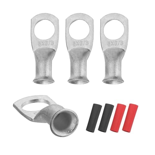 Image of sourcing map 4pcs 6 AWG M10 Battery Lugs Ring Terminals, 3/8" 10mm Stud Crimp Wire Terminal Connector End Copper, 3:1 Heat Shrink Tubing, Silver