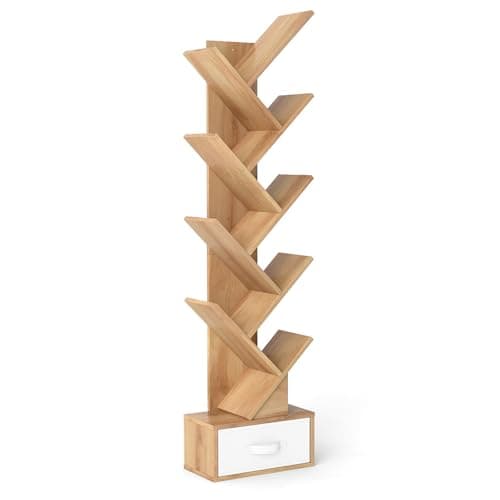 Image of CASART 10-Tier Tree Bookshelf, Slim Tall Floor Standing Bookcase with Drawer & Wall Anchor, Wooden Display Shelving Storage Rack for Living Room Bedroom Office (Natural)