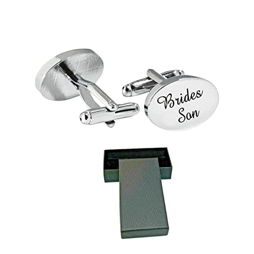 Image of Virens Empourium Men's Wedding Cufflinks BOXED SILVER OVAL Cufflink, Groom Best Man Usher Page Boy and Many More Titles, Gift Box with Every Pair of Cuff Link (BRIDES SON)