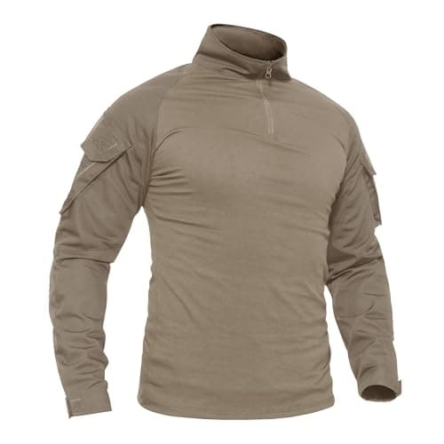 Image of TACVASEN Casual Shirt Men Long Sleeve Top Cotton Slim Fit T-Shirt Mens Outdoor Hiking Tee Shirts Lightweight Breathable TShirt , Khaki, UK XXL (fit Chest 42 in-45 in)