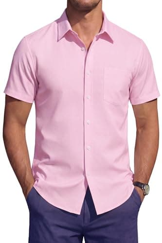 Image of HISDERN Men's Short Sleeve Shirt Stretch Non Iron Formal Summer Button Down Shirts Regular Fit Business Office Smart Casual with Pocket Pink XL