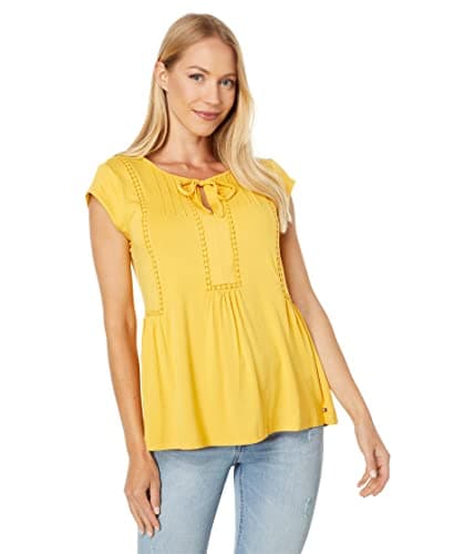 Image of Tommy Hilfiger Cap Sleeve Dot Top with Trim, Deep Maize, XS