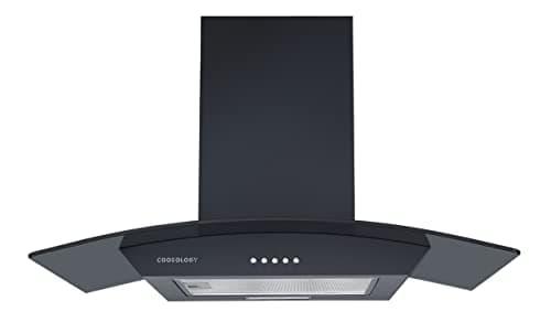 Image of Cookology Curved Glass Chimney Cooker Hood, Energy A Rated Wall Mounted Extractor Fan, LED lighting, Adjustable Height (Black, 70cm)